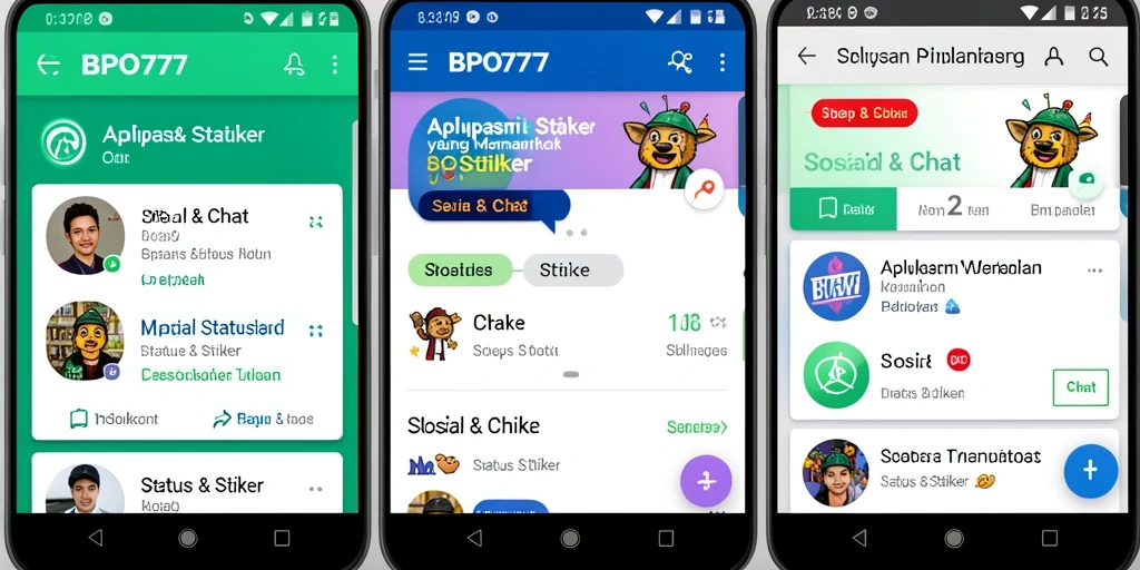 Antarmuka aplikasi BPO777 dengan pilihan sticker menarik.
