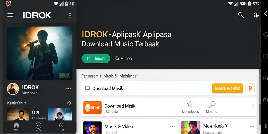 Tampilan antarmuka dan fungsi inti dari aplikasi Download Musik IDROK.