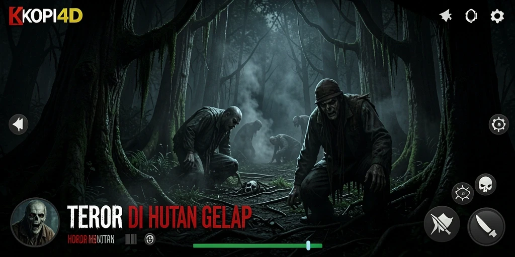 Screenshot antarmuka KOPI4D menampilkan kegelapan hutan yang menyeramkan.