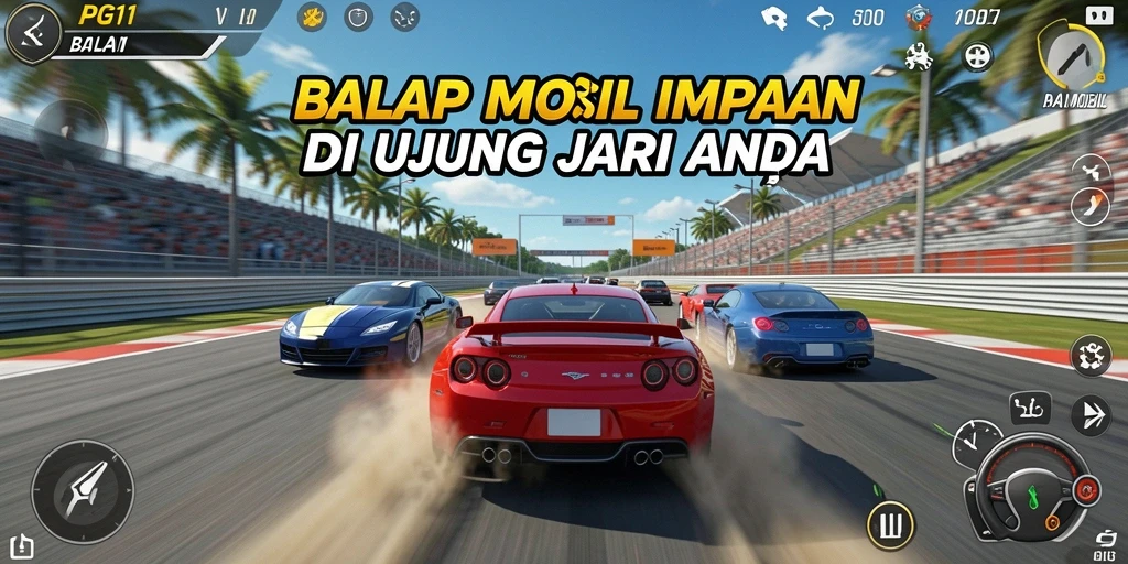 Antarmuka PG11 menampilkan balapan mobil yang seru dan grafis menawan.
