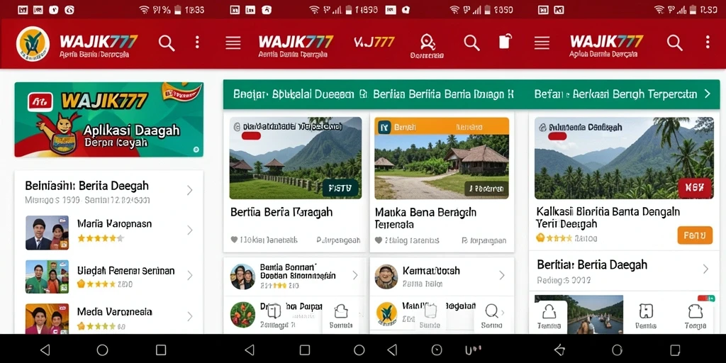 Antarmuka aplikasi WAJIK777 menampilkan berita daerah terkini dengan desain yang menarik.
